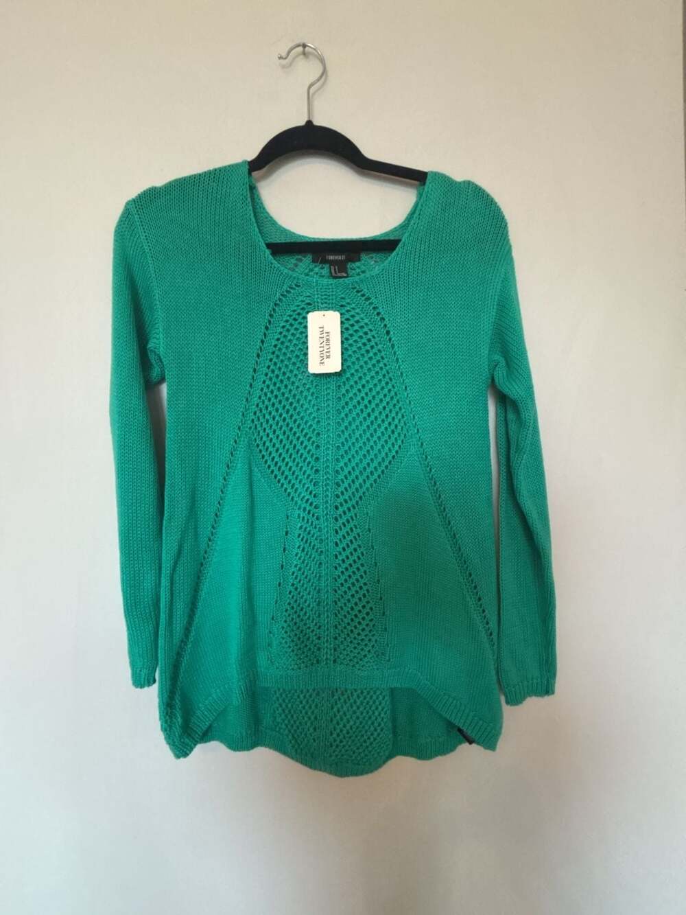 Forever 21 Women's Emerald Green Open Knit Mesh Panel Sweater